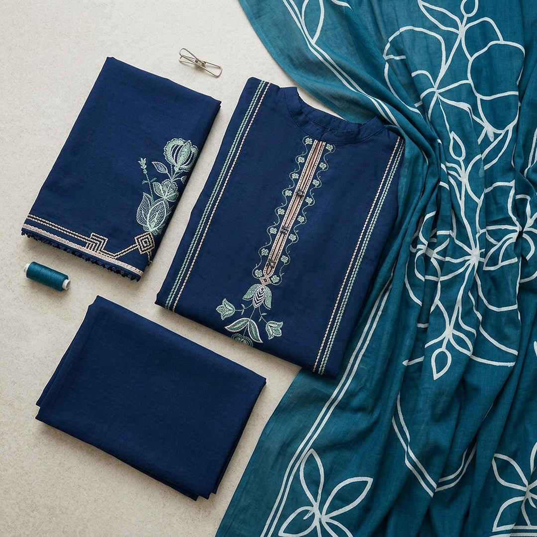 3-Piece Embroidered Lawn Suit Blue for Women