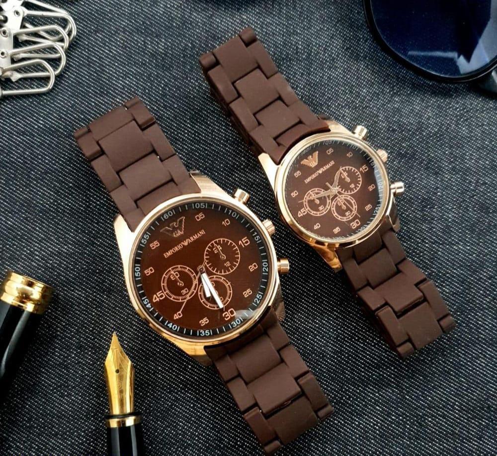 Brown Chronograph Couple Watches with Silicone Strap