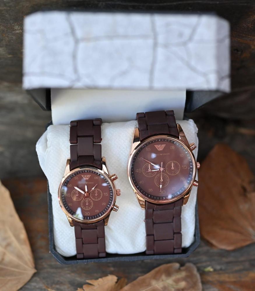 Brown Chronograph Couple Watches with Silicone Strap