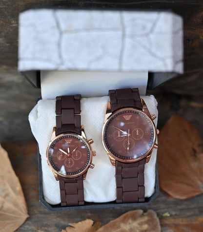Brown Chronograph Couple Watches with Silicone Strap