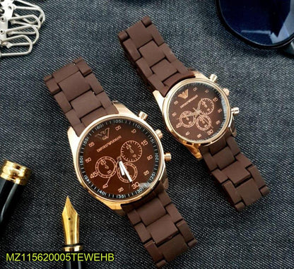 Brown Chronograph Couple Watches with Silicone Strap