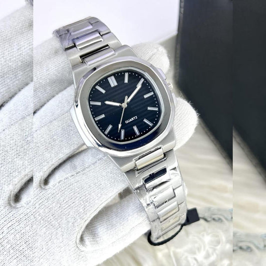 Men's Square Stainless Steel Quartz Watch with Chain Strap
