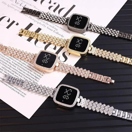Women Crystal Watch Square Dial Touch Screen Rhinestone Band
