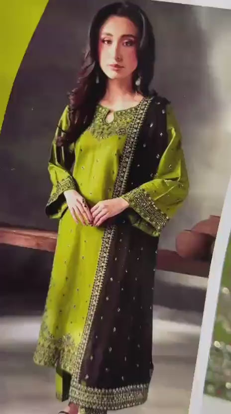 Summer Batik Suit Green Black Embroidered