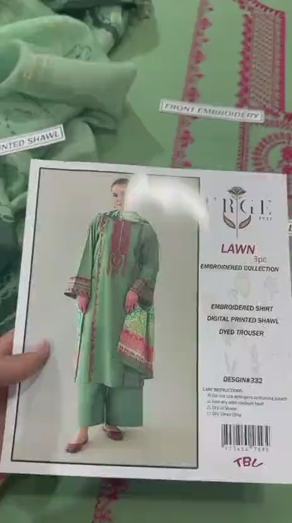 Green Embroidered 3-Piece Lawn Suit for Women