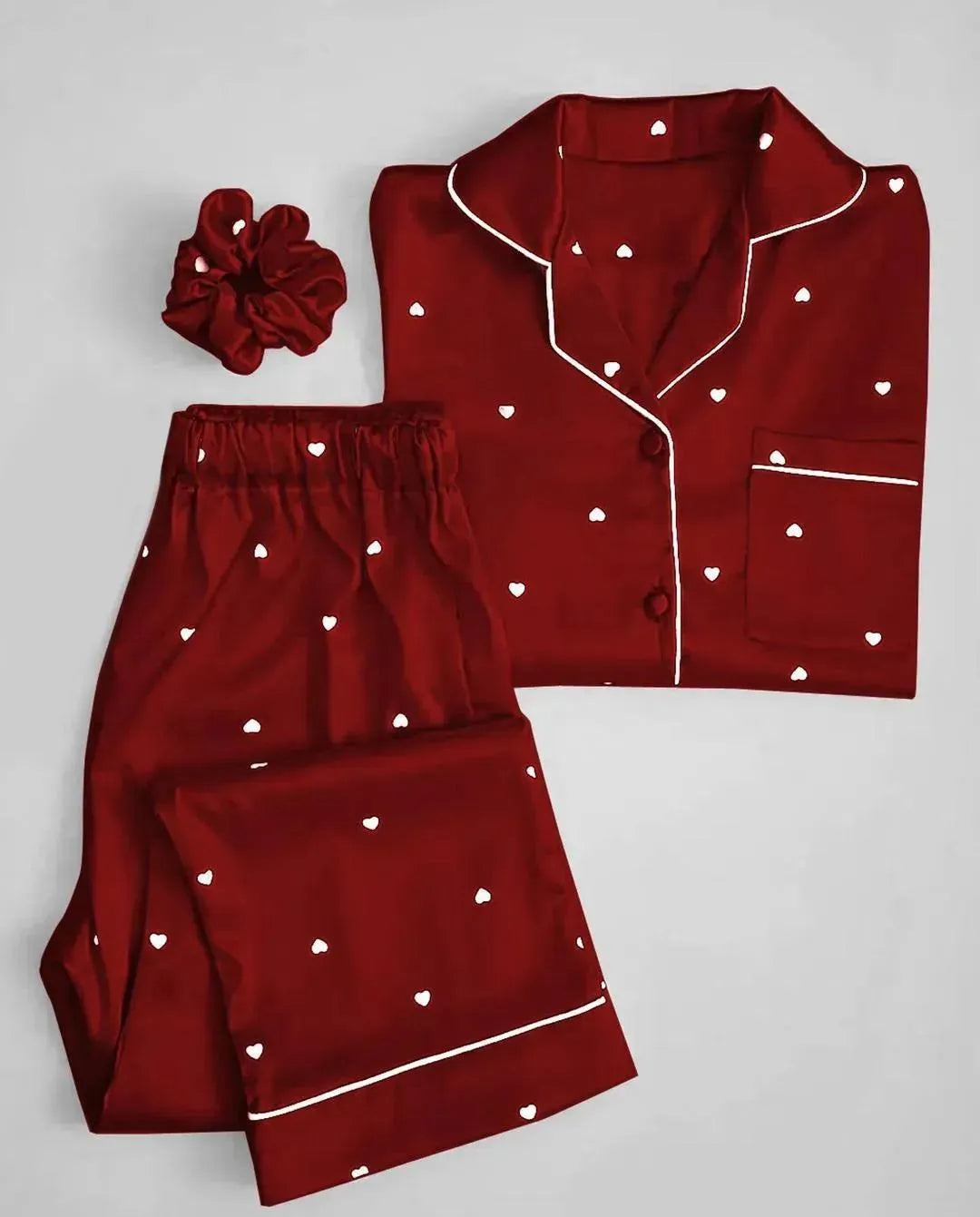 Maroon Silk Night Suit with Heart Print & Scrunchie