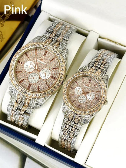 Golden Diamond Couple Watches for Men Women