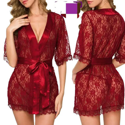 Maroon Silk Lace Night Gown with Shorts Set