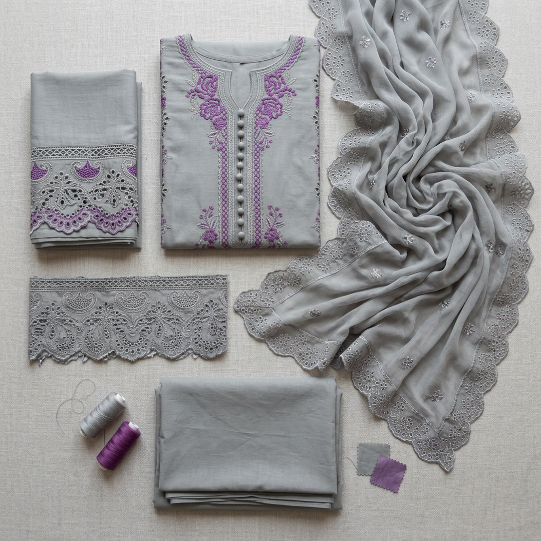 Grey Embroidered 3Pcs Lawn Suit with Chikenkari Dupatta