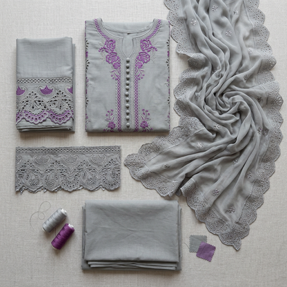 Grey Embroidered 3Pcs Lawn Suit with Chikenkari Dupatta