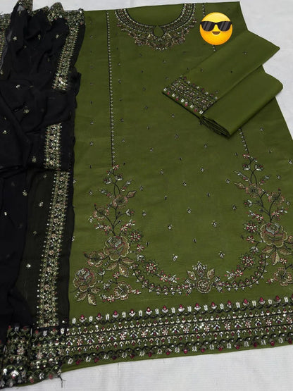 Summer Batik Suit Green Black Embroidered