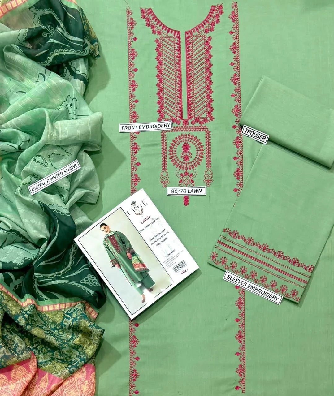 Green Embroidered 3-Piece Lawn Suit for Women