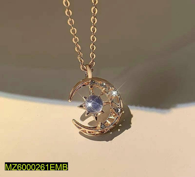 Moon Pendant Necklace with Aqua Stone & Golden Plated Chain