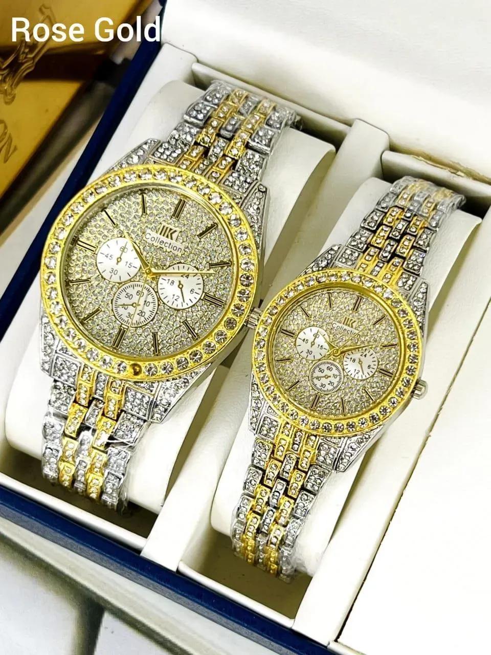 Golden Diamond Couple Watches for Men Women
