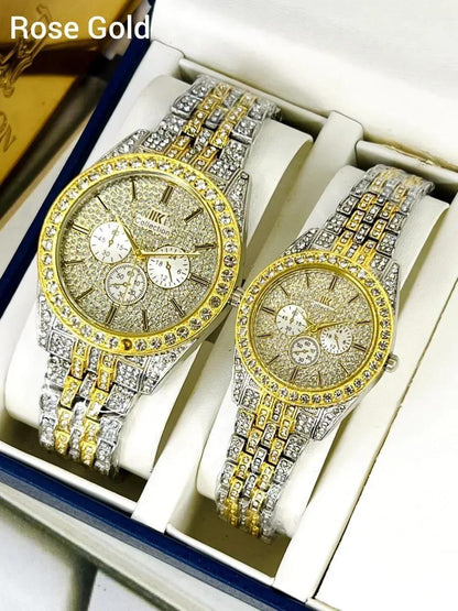Golden Diamond Couple Watches for Men Women