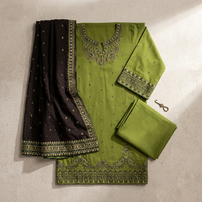 Summer Batik Suit Green Black Embroidered
