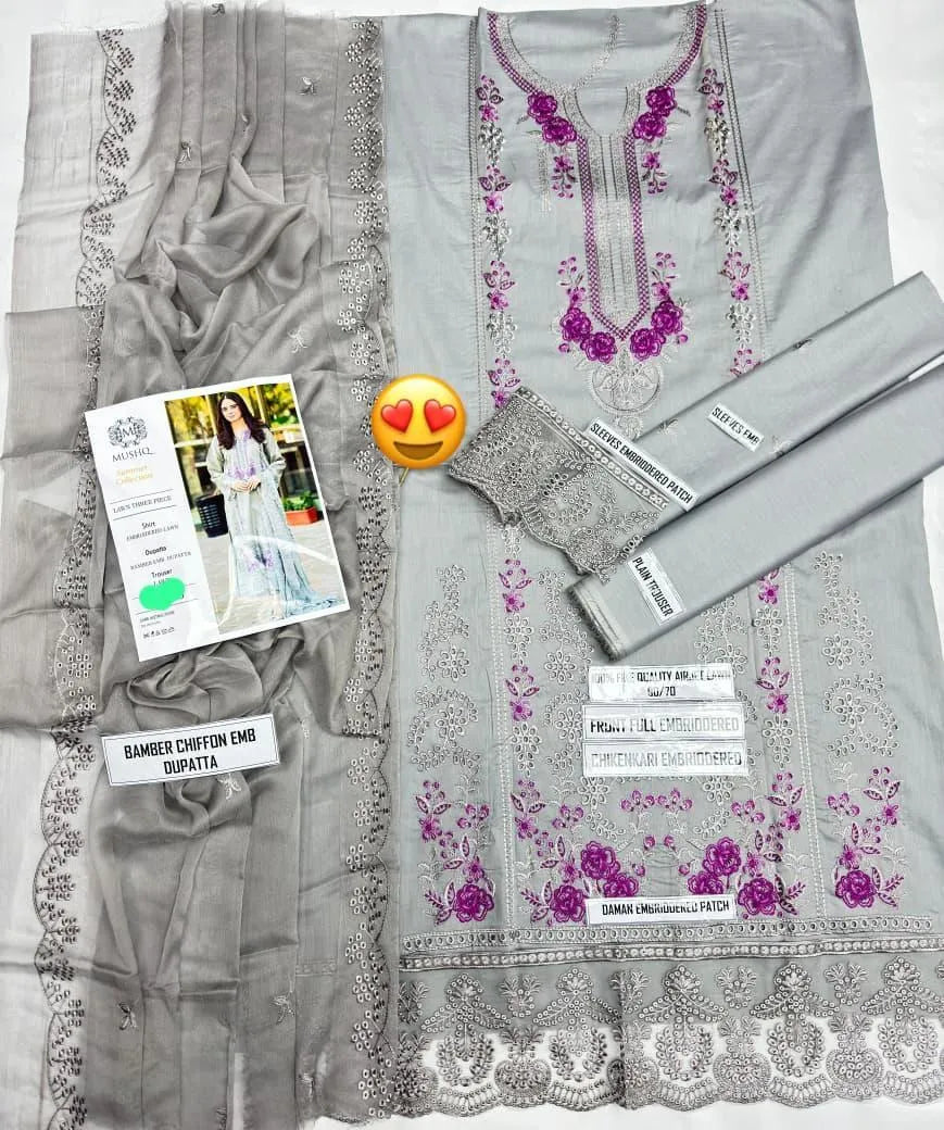 Grey Embroidered 3Pcs Lawn Suit with Chikenkari Dupatta