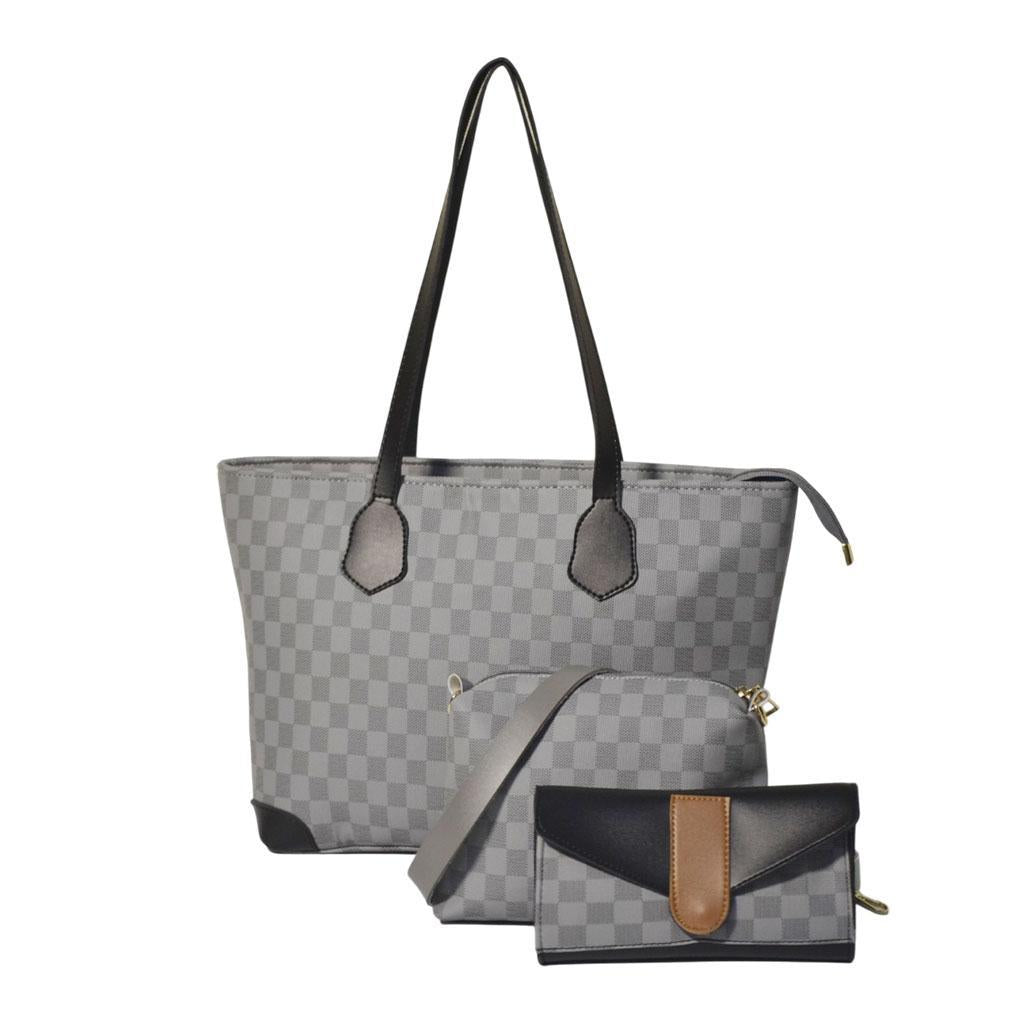 Grey Checkered 3-Piece PU Leather Shoulder Bag Set