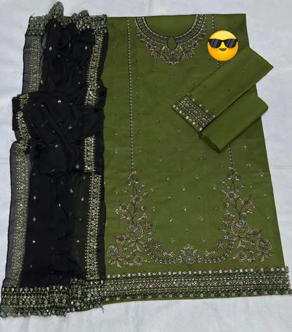 Summer Batik Suit Green Black Embroidered