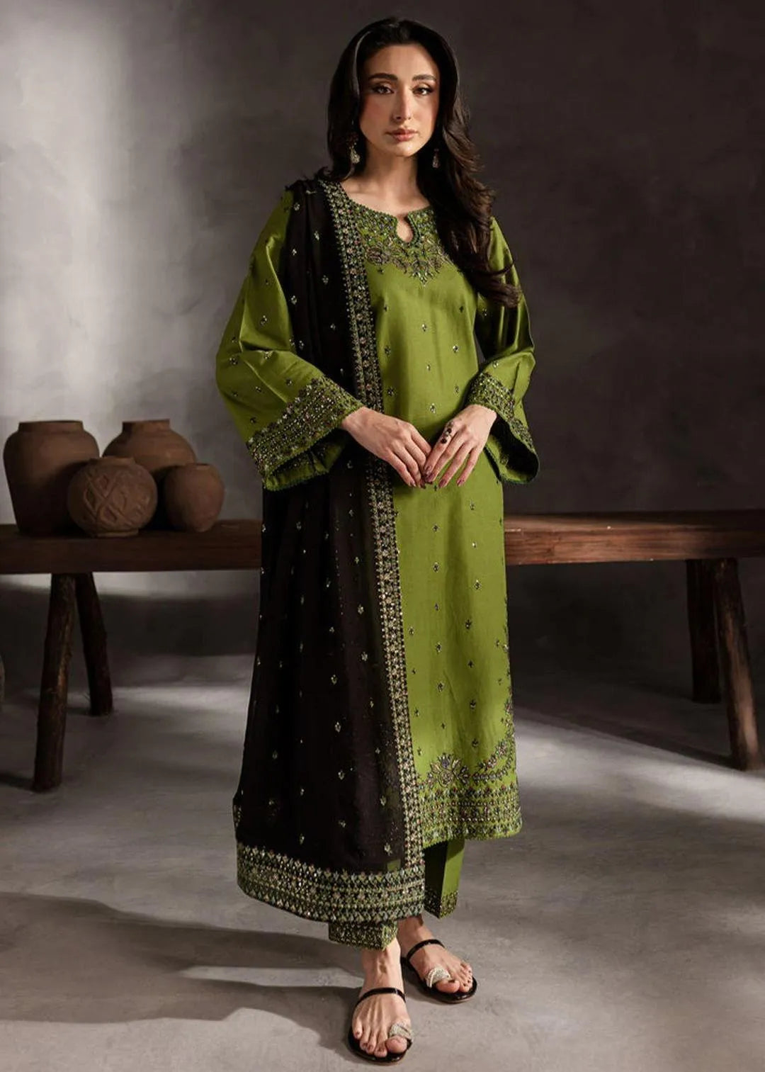Summer Batik Suit Green Black Embroidered