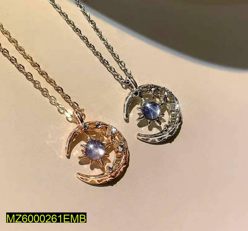Moon Pendant Necklace with Aqua Stone & Golden Plated Chain