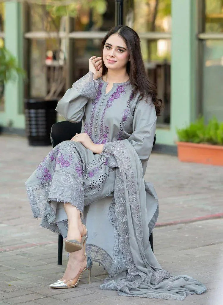 Grey Embroidered 3Pcs Lawn Suit with Chikenkari Dupatta