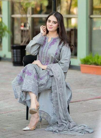 Grey Embroidered 3Pcs Lawn Suit with Chikenkari Dupatta