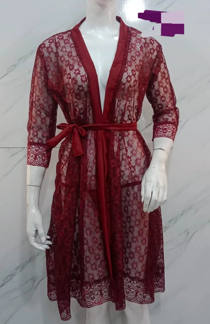 Maroon Silk Lace Night Gown with Shorts Set