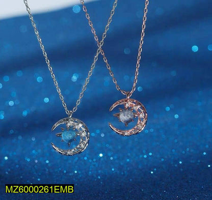Moon Pendant Necklace with Aqua Stone & Golden Plated Chain