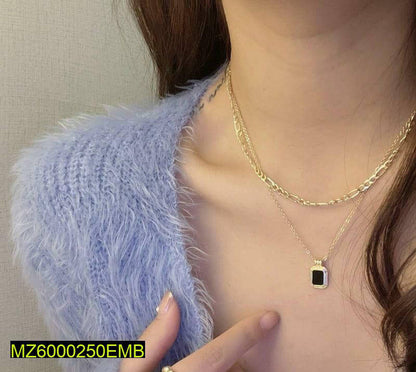 Golden Layered Chain Necklace with Black Stone Pendant 18"
