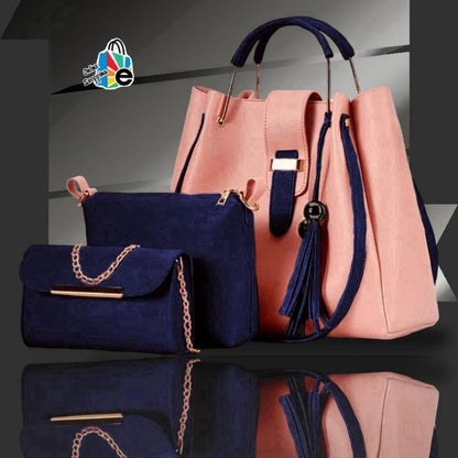 Pink Rexine Handbag Set for Girls with Gold Hardware