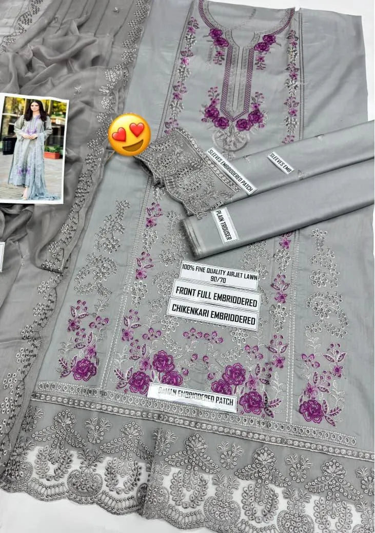 Grey Embroidered 3Pcs Lawn Suit with Chikenkari Dupatta