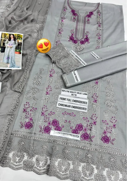 Grey Embroidered 3Pcs Lawn Suit with Chikenkari Dupatta