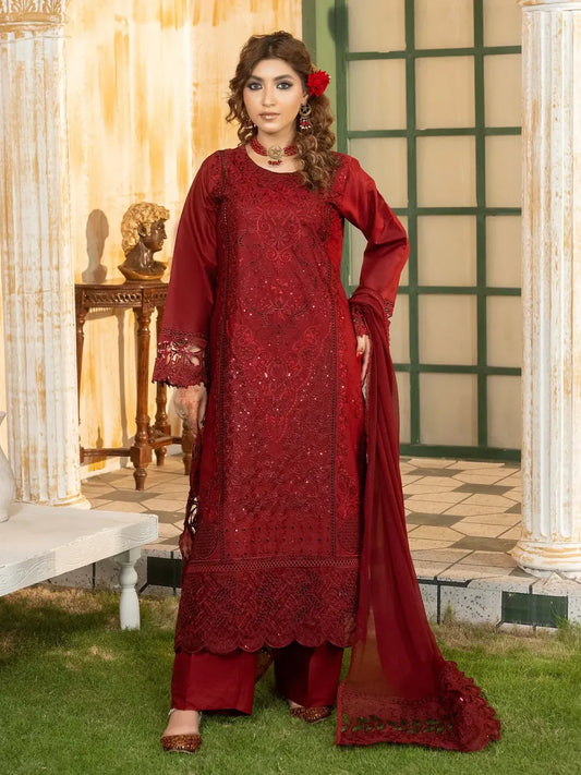 Simt - U3B Maroon Embroidered Lawn Suit for Women - 3 Pcs Set