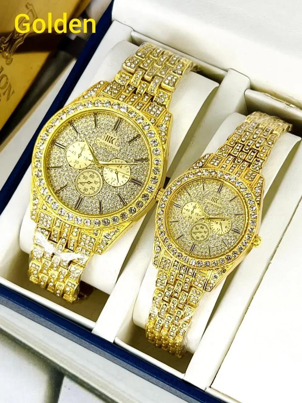 Golden Diamond Couple Watches for Men Women