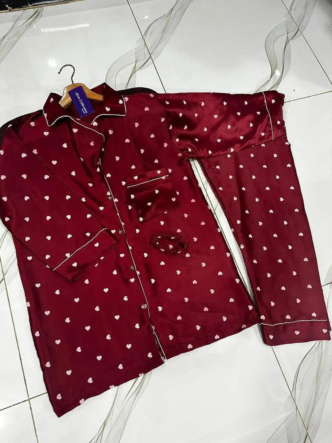 Maroon Silk Night Suit with Heart Print & Scrunchie