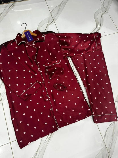 Maroon Silk Night Suit with Heart Print & Scrunchie