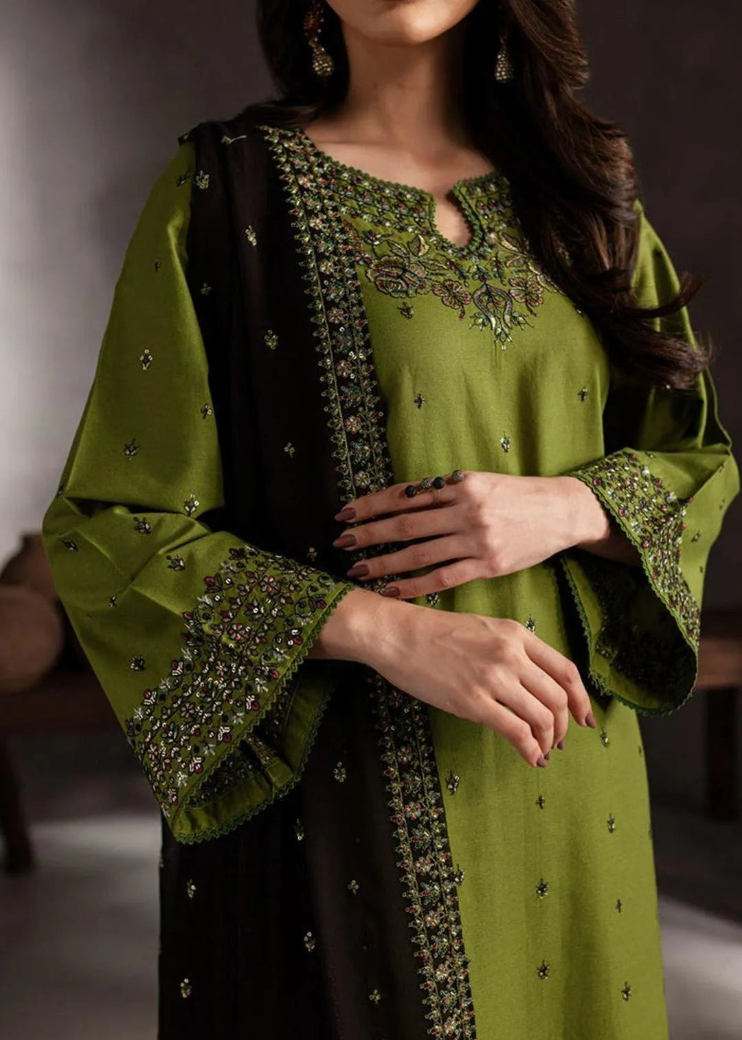 Summer Batik Suit Green Black Embroidered