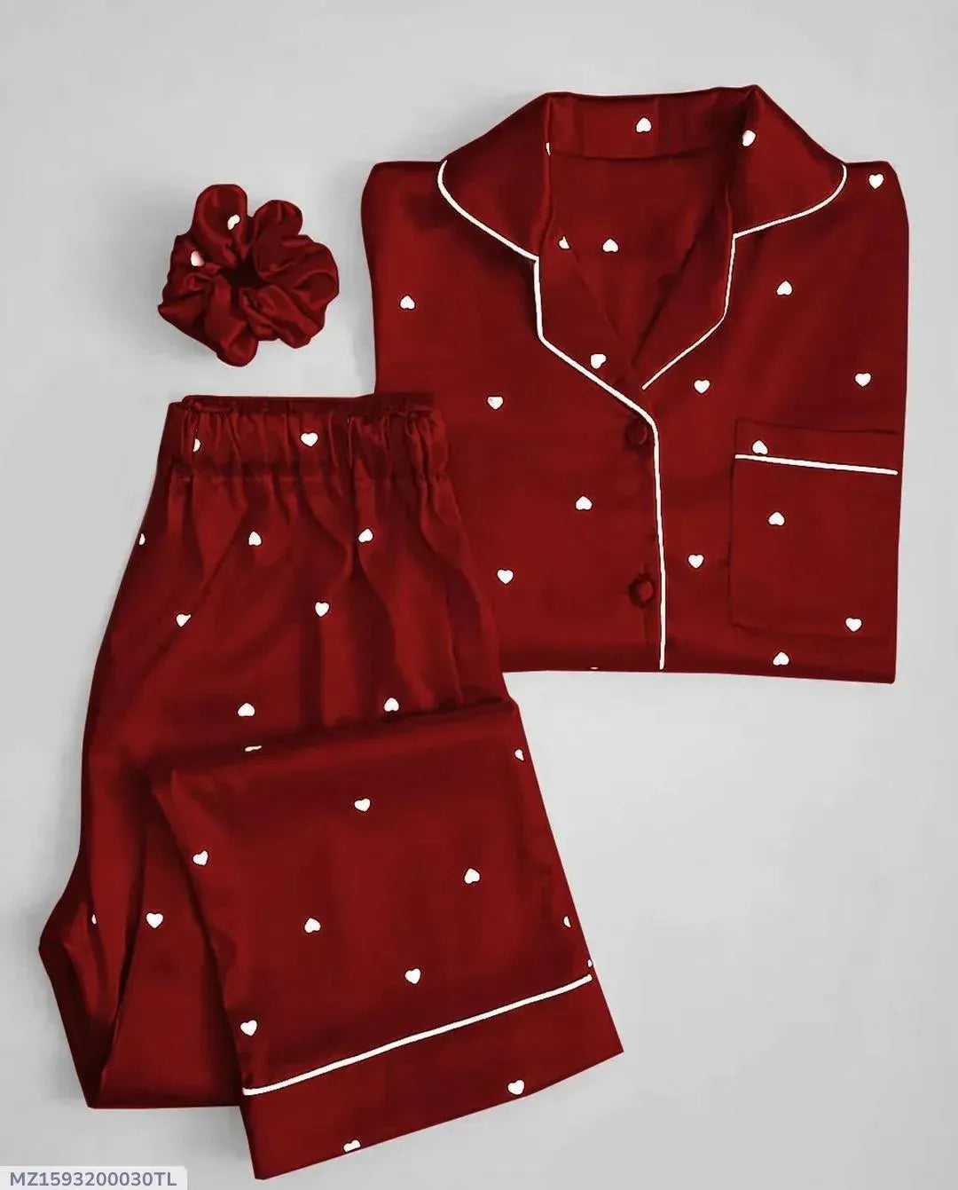 Maroon Silk Night Suit with Heart Print & Scrunchie