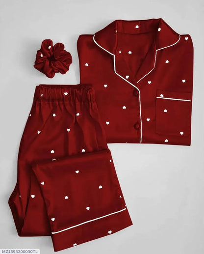 Maroon Silk Night Suit with Heart Print & Scrunchie
