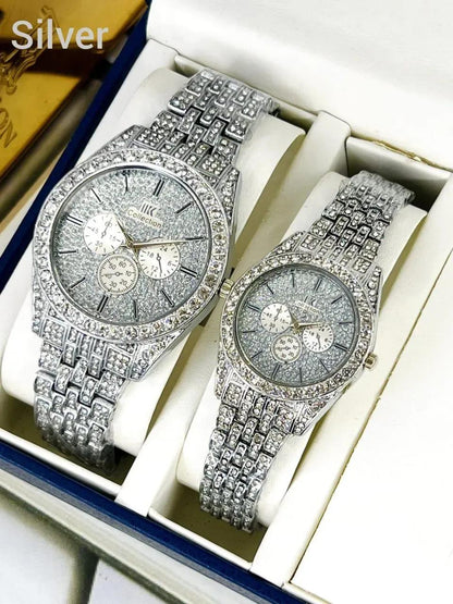Golden Diamond Couple Watches for Men Women