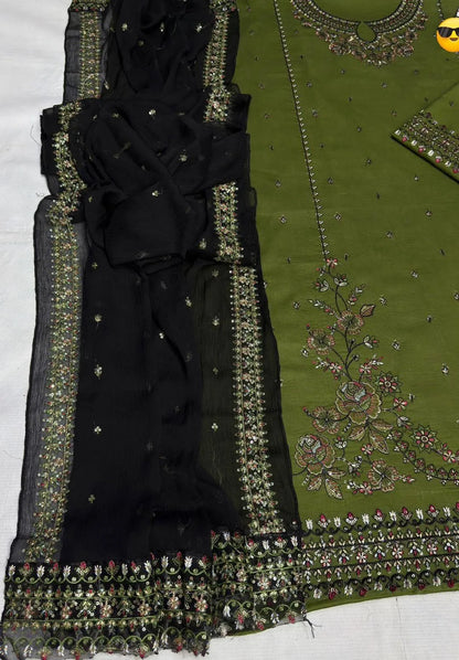 Summer Batik Suit Green Black Embroidered